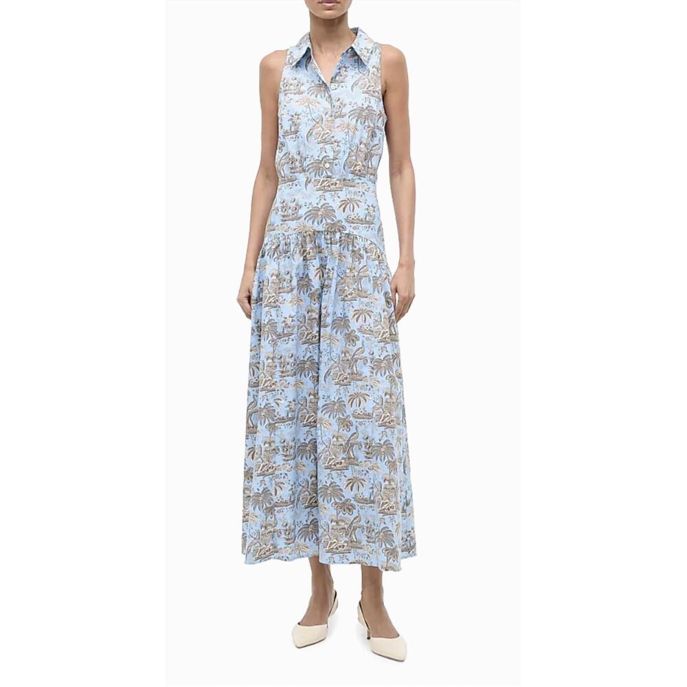 STAUD Blue and Tan Printed Sleeveless Collared Maxi Dress